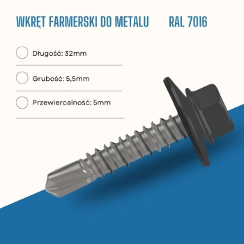 Wkręt farmerski do metalu 5,5X32 mm przewiercalność 5 mm w kolorze RAL 7016